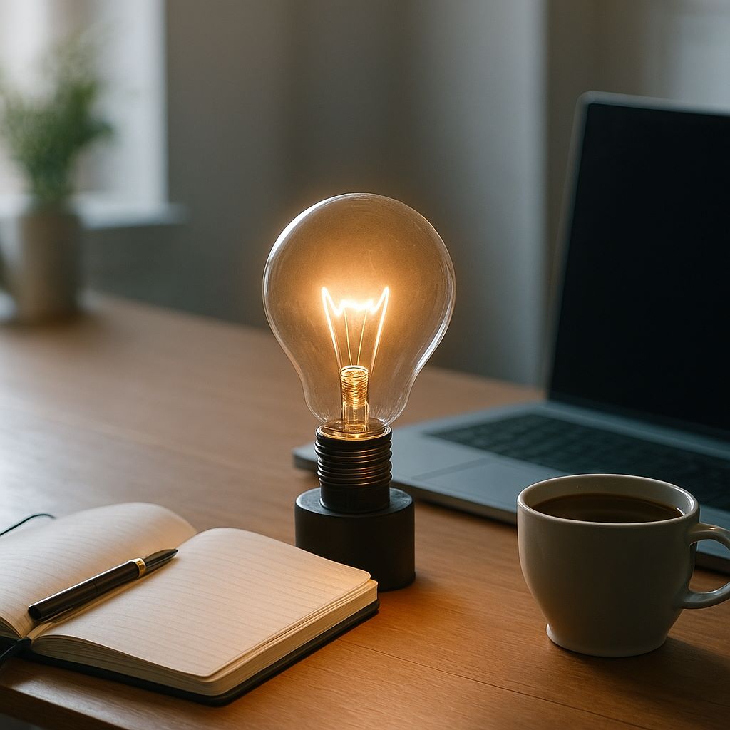 Glühbirne leuchtet auf Schreibtisch